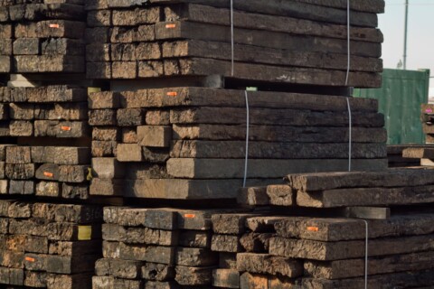 A stack of wooden sleepers.